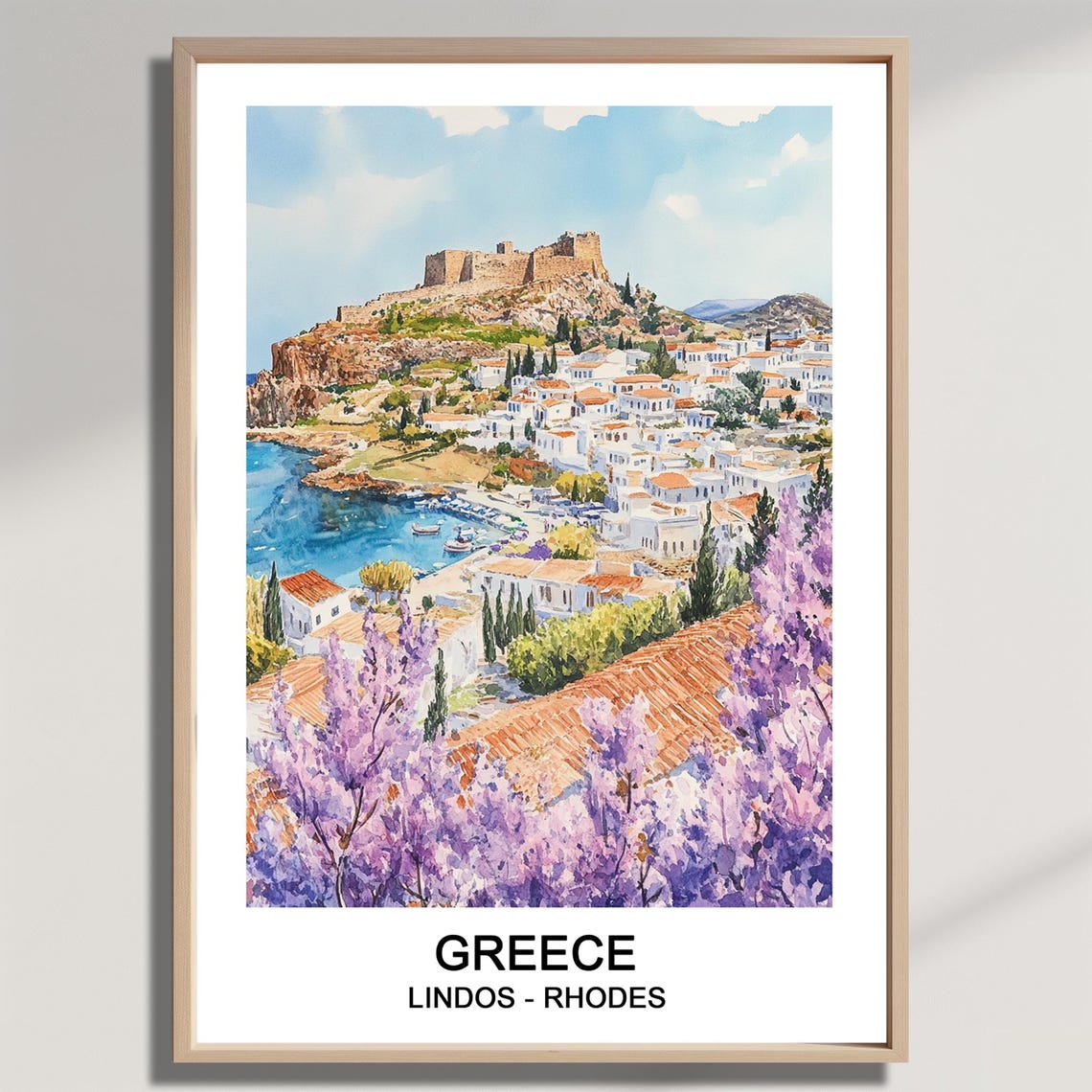 Lindos Rhodes Greece Watercolor Acropolis Whitewashed Town Poster