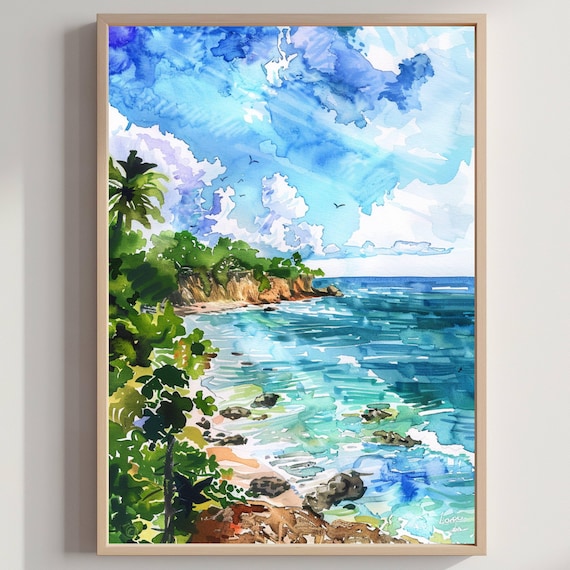 Costa Rica Watercolor Beach Poster Tropical Ocean Coastline Travel Art