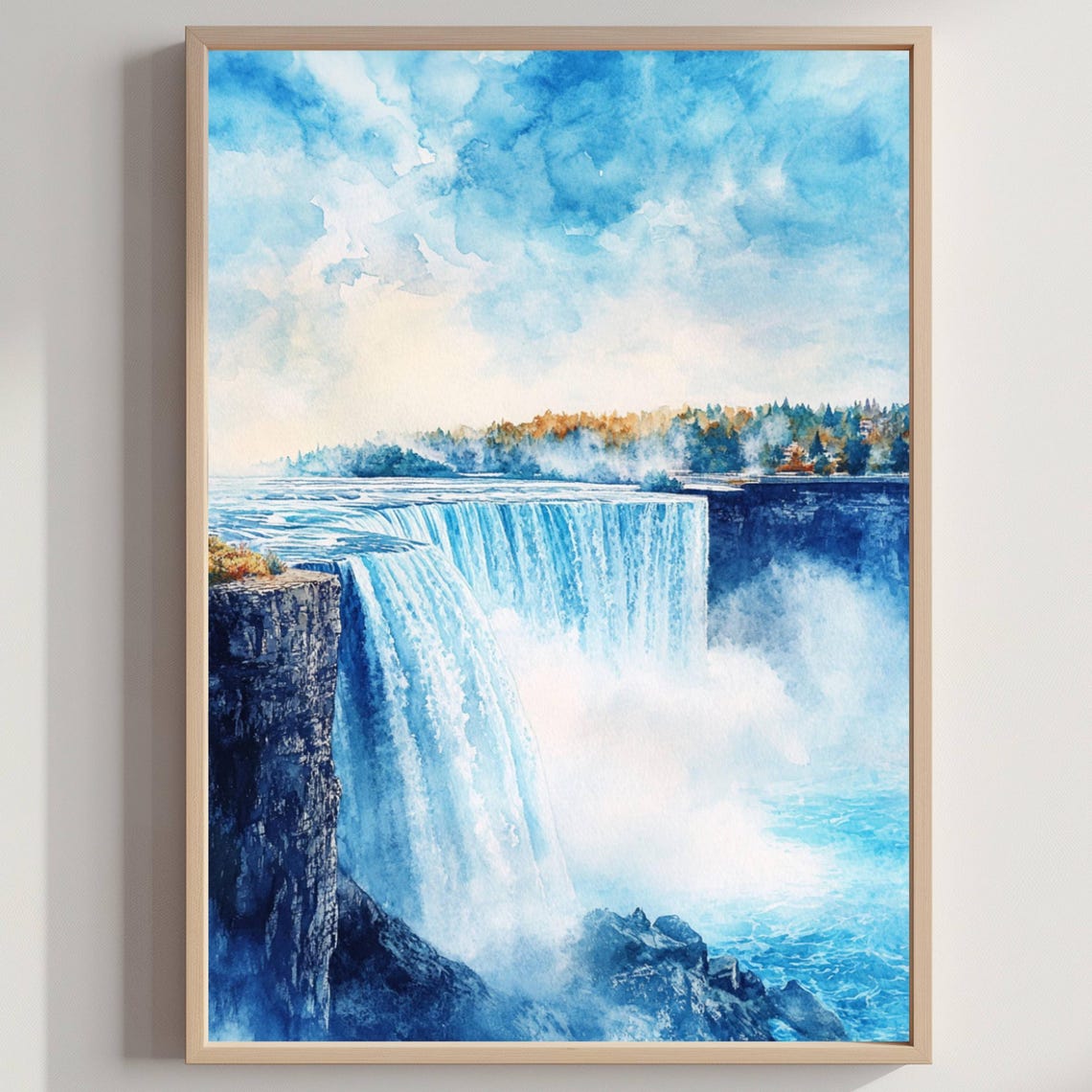 Niagara Falls Misty Blue Waterfall Watercolor Nature Travel Poster