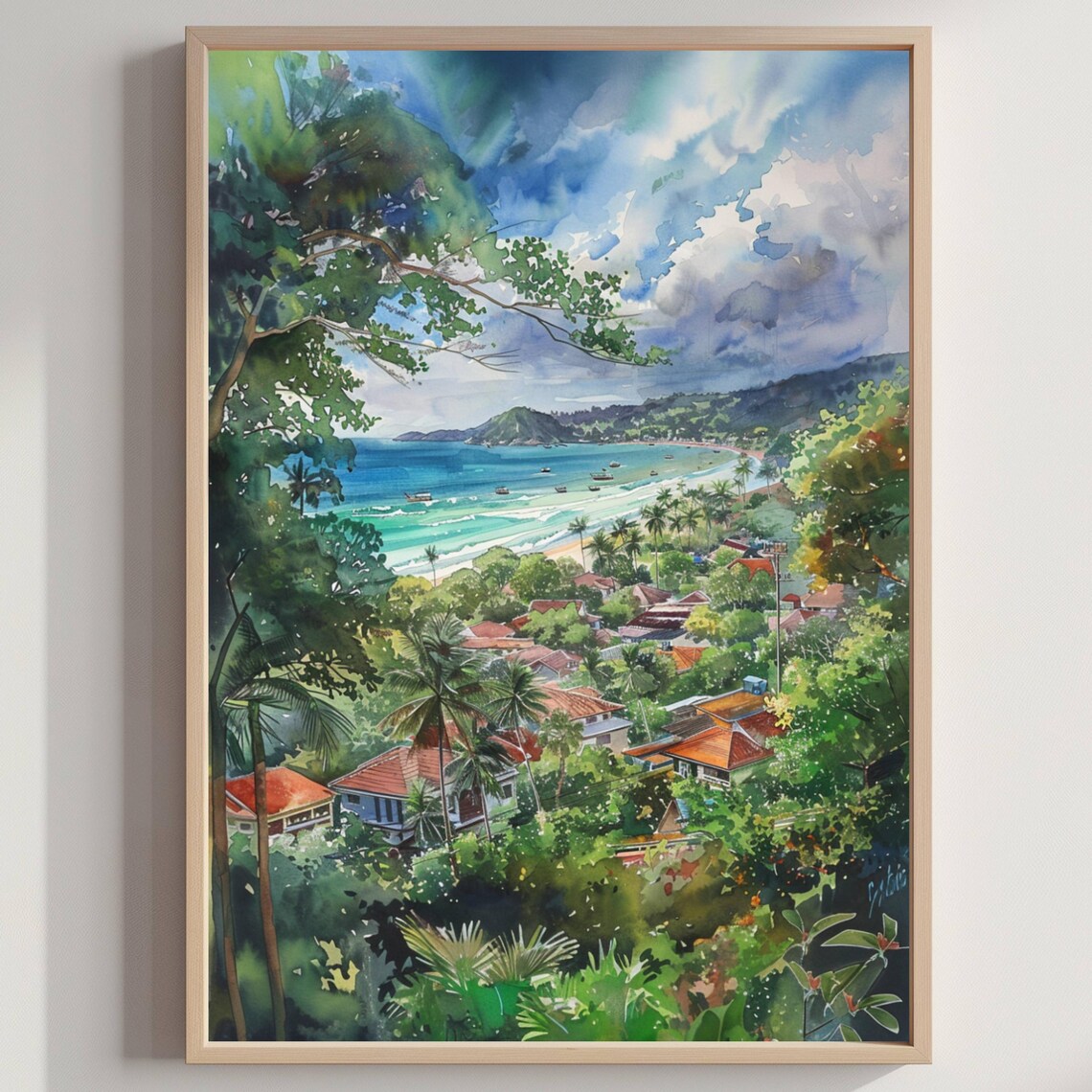 Tropical Coastal Bay Watercolor Travel Poster Palm Beach Village Scene