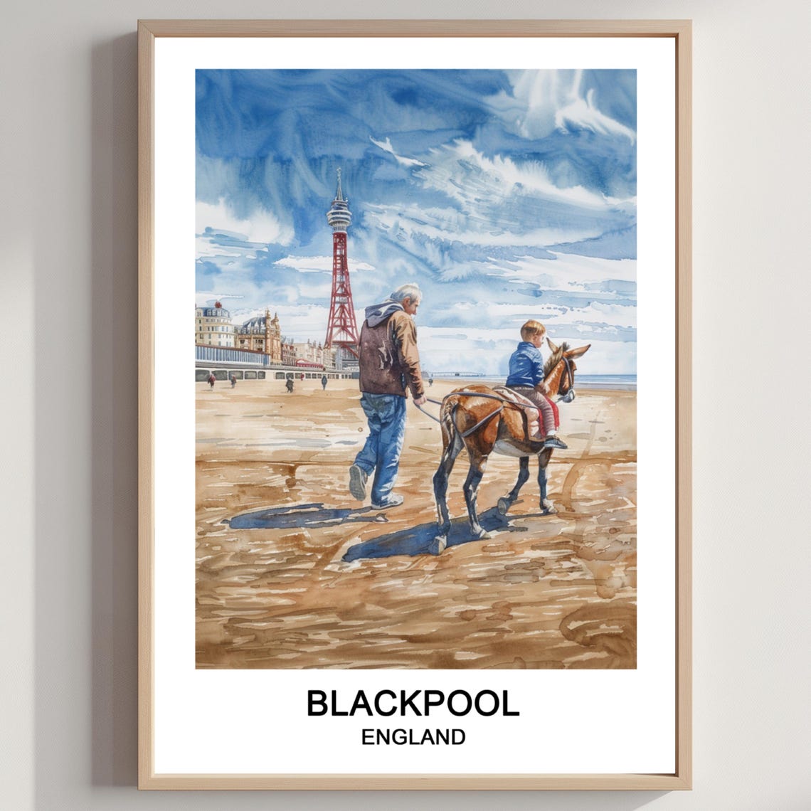 Nostalgic Blackpool England Donkey Ride Tower Beach Watercolor Poster