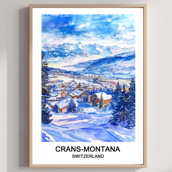 Cransmontana Ski Resort Watercolor Print Swiss Travel Poster