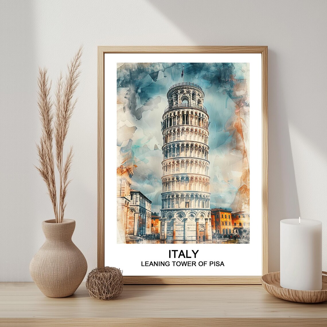 Italy Leaning Tower of Pisa Watercolor Landmark Travel Art Poster