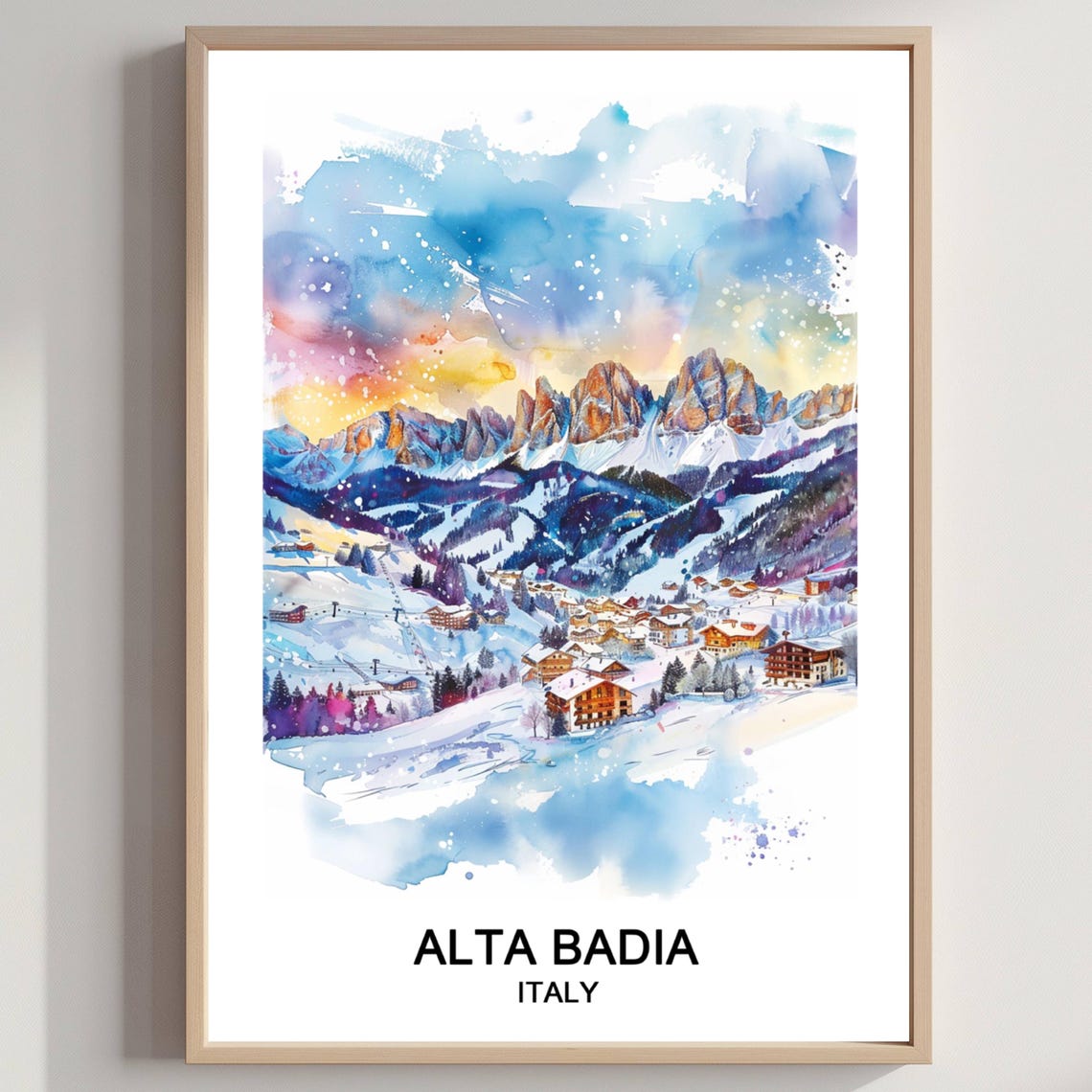 Alta Badia Italy Dolomites Peaks Watercolor Alpine Ski Village Poster