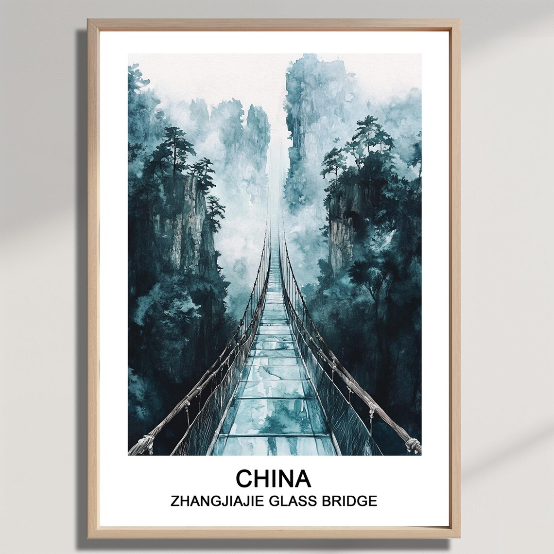 Zhangjiajie Glass Bridge Watercolor Misty Cliffs Travel Poster