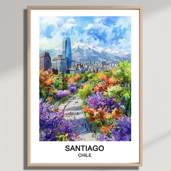 Santiago Chile City Skyline Andes Mountains Watercolor Travel Poster