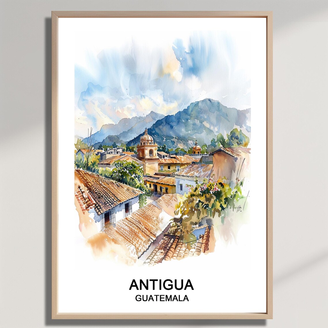 Antigua Guatemala Colonial Rooftops Volcano Watercolor Travel Poster