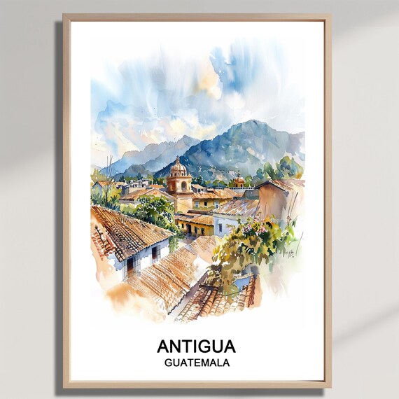 Antigua Guatemala Colonial Rooftops Volcano Watercolor Travel Poster