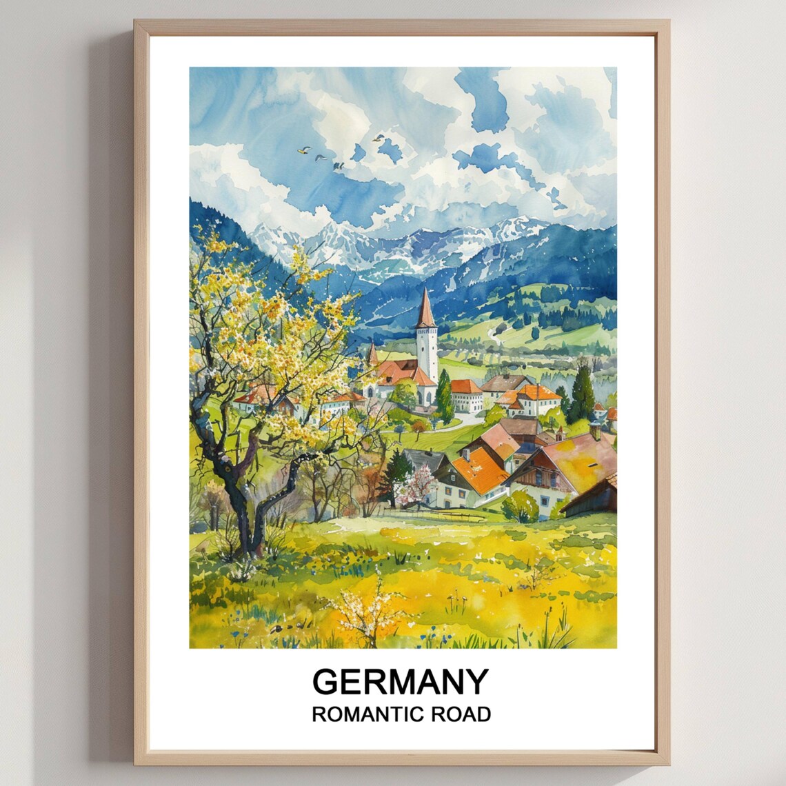 Romantic Road Germany Bavarian Village Church Watercolor Poster