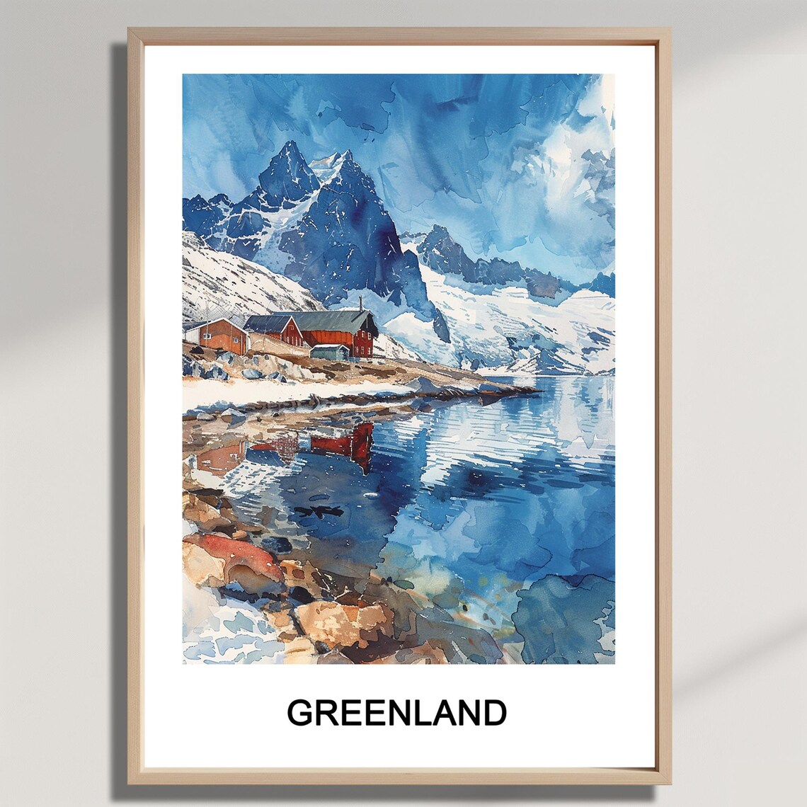 Greenland Snowy Fjord Red Cabins Blue Watercolor Landscape Poster