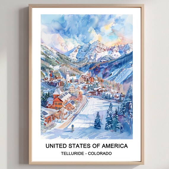 Telluride Colorado Ski Village Watercolor Mountain Town Poster