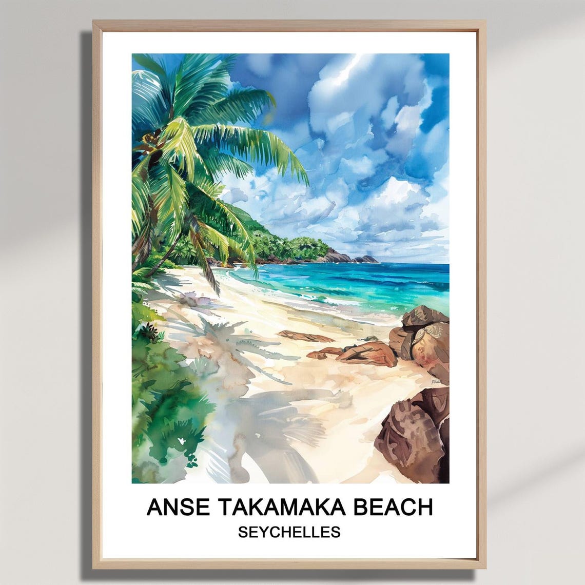 Anse Takamaka Beach Seychelles Palm Lined Shore Watercolor Poster
