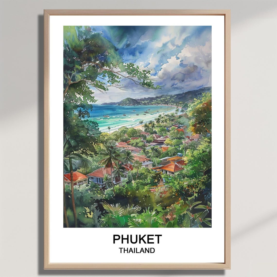 Phuket Thailand Tropical Bay Watercolor Beach Paradise Travel Poster