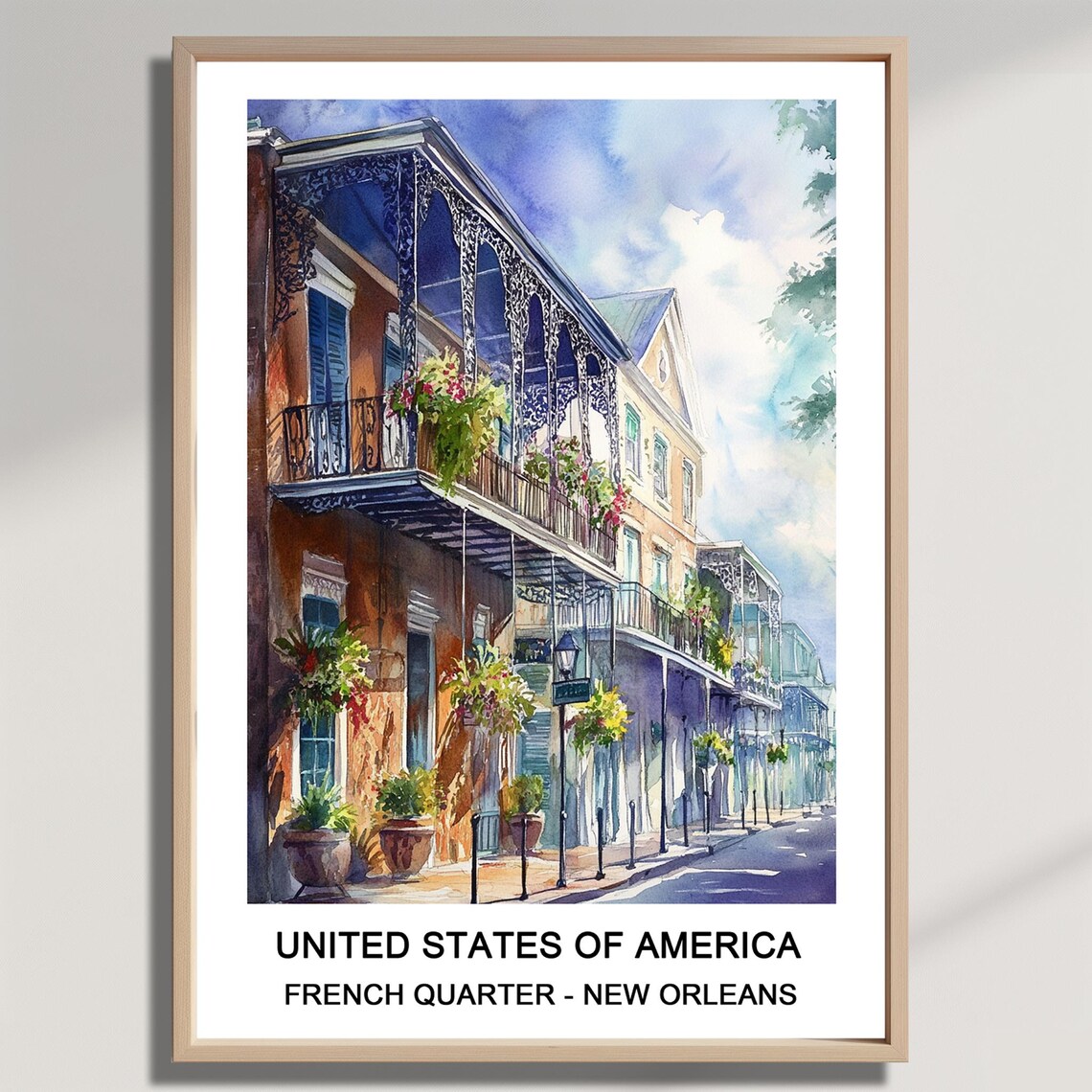 New Orleans French Quarter Iron Balcony Watercolor Street Art Poster
