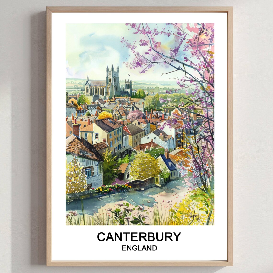 Canterbury England Cathedral Spring Blossom Old Town Watercolor Poster
