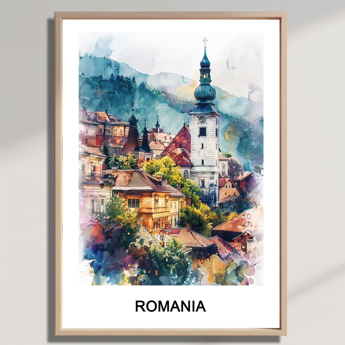 Romania Watercolor Old Town Clock Tower Mountain Village Art Poster