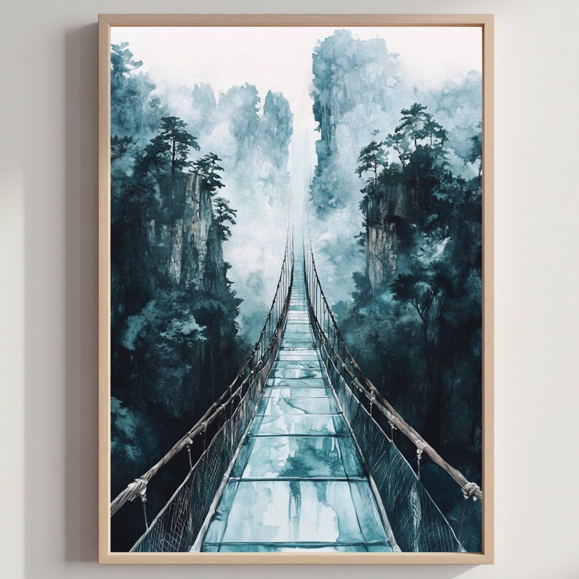 Zhangjiajie Glass Bridge Watercolor Travel Poster Misty China