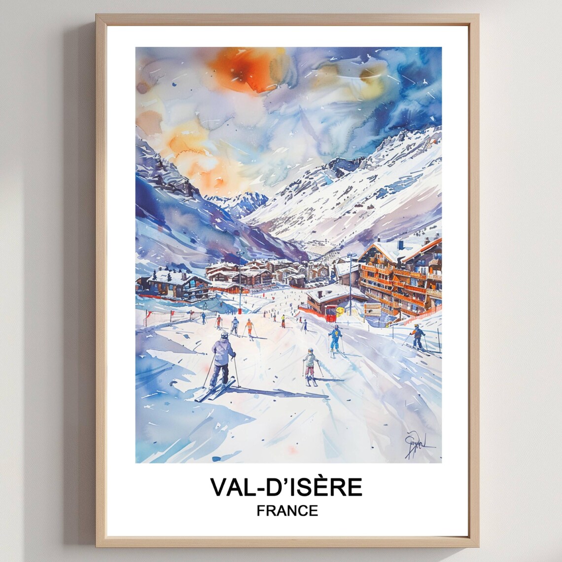 Val-d'Isere France Ski Slopes Watercolor Alpine Winter Resort Poster
