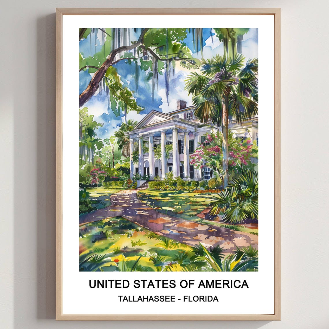 Tallahassee Florida Watercolor Historic Mansion Travel Poster Art