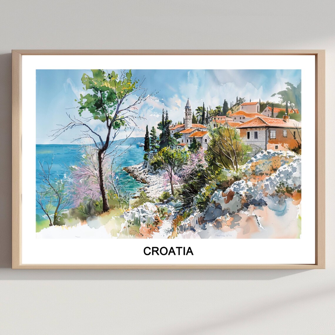 Croatia Watercolor Coastal Village Church Hills Travel Poster