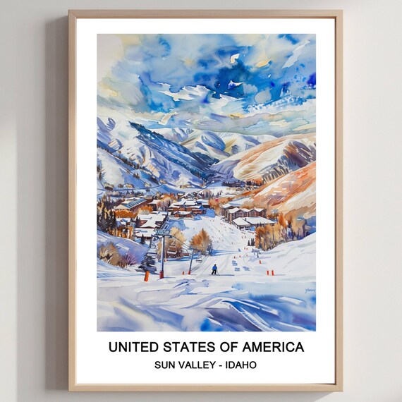 Sun Valley Idaho Ski Resort Watercolor Scenic Winter Travel Poster