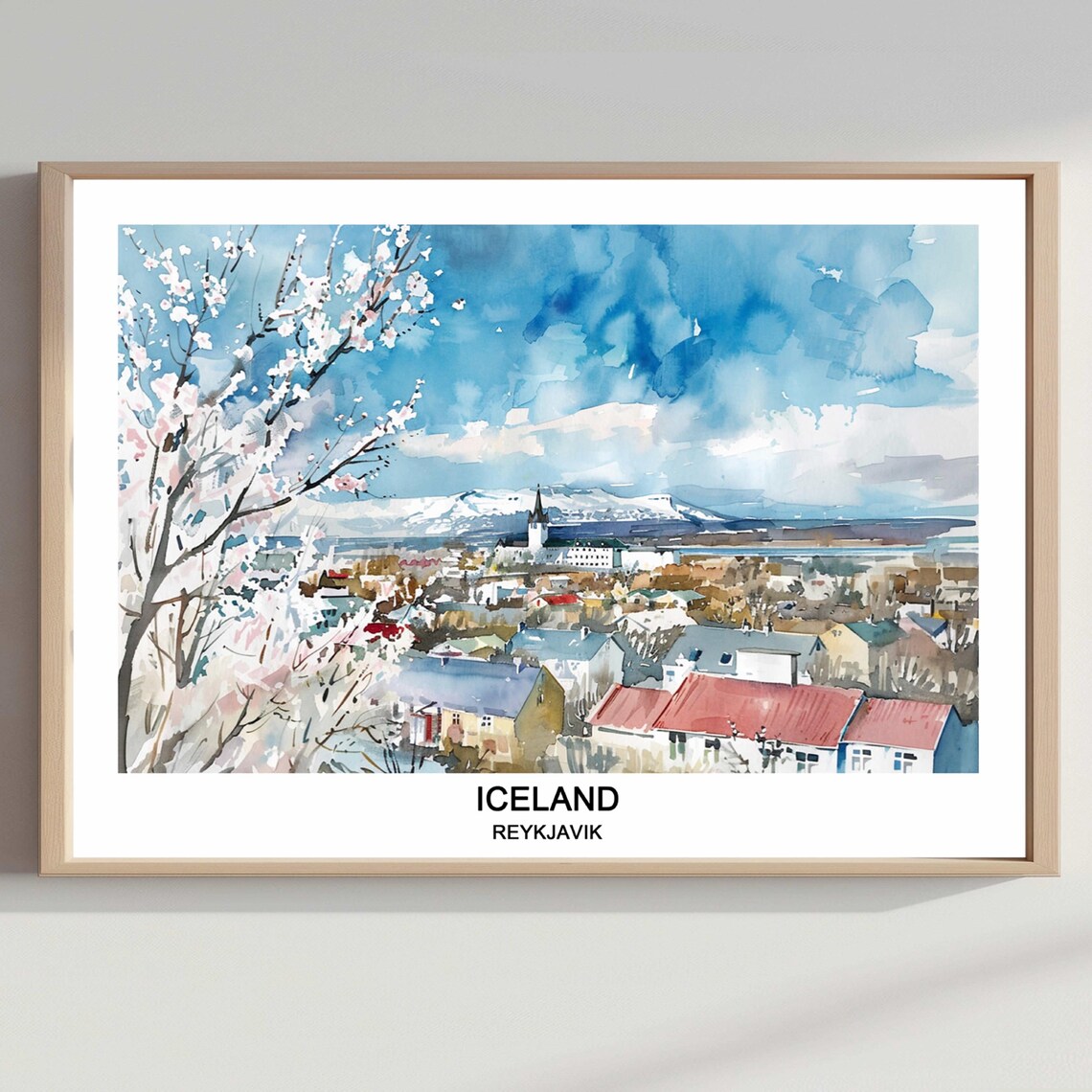 Reykjavik Iceland Watercolor Cityscape With Church Tower Travel Poster