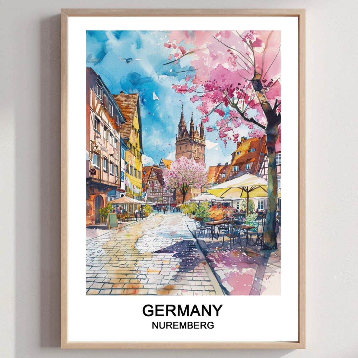 Nuremberg Germany Spring Cherry Blossom Old Town Watercolor Poster
