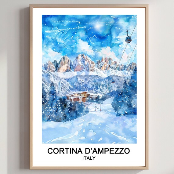 Cortina d'Ampezzo Italy Ski Resort Watercolor Winter Travel Poster