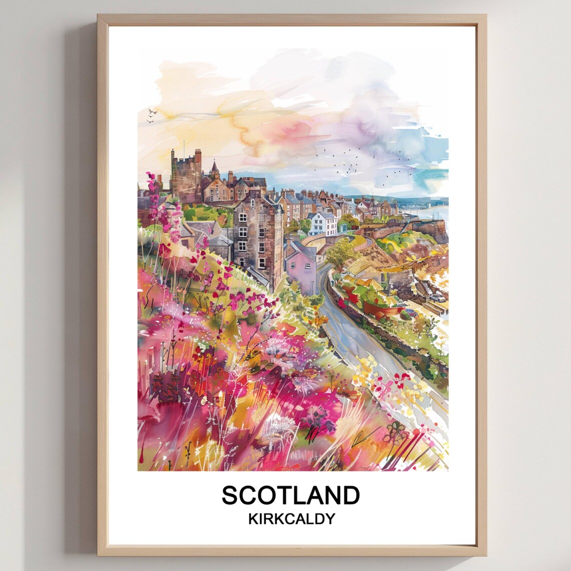 Kirkcaldy Scotland Coastal Town Wildflower Watercolor Poster