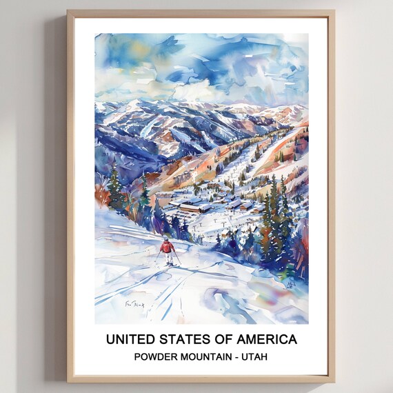 Powder Mountain Utah Ski Resort Watercolor Winter Travel Poster