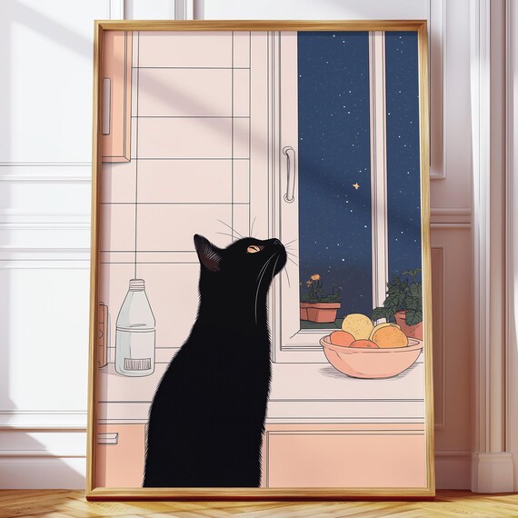 Black Cat Night Window Starry Kitchen Cozy Illustration Poster