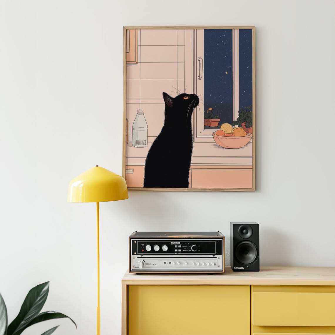Black Cat Night Window Starry Kitchen Cozy Illustration Poster - Image 3
