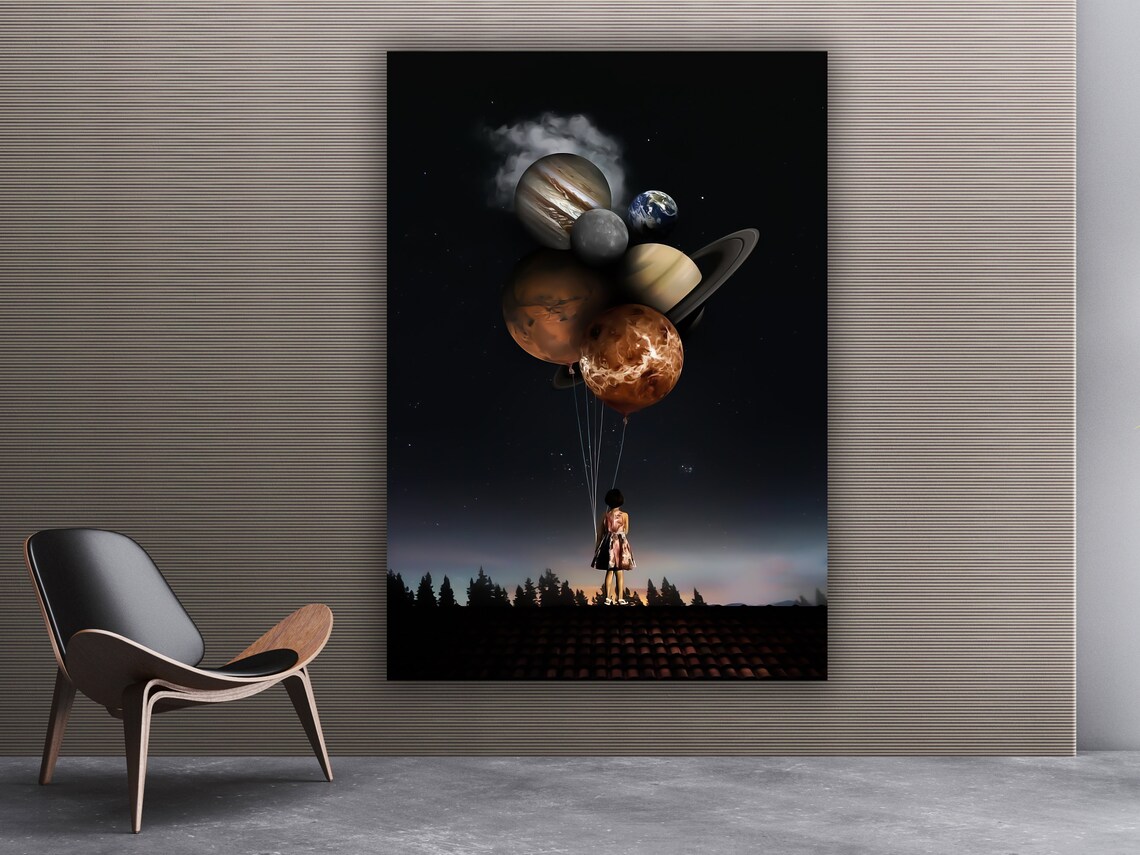 Girl Holding Planet Balloons Rooftop Night Sky Dreamlike Surreal Art Print
