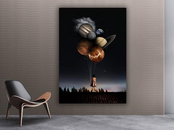 Girl Holding Planet Balloons Rooftop Night Sky Dreamlike Surreal Art Print