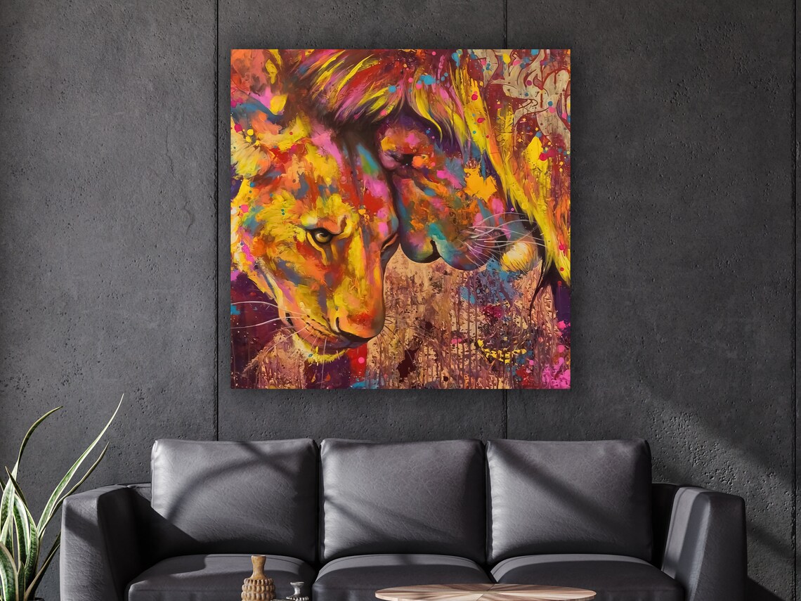 Lion And Lioness Nuzzling Colorful Abstract Wildlife Art Poster - Image 2