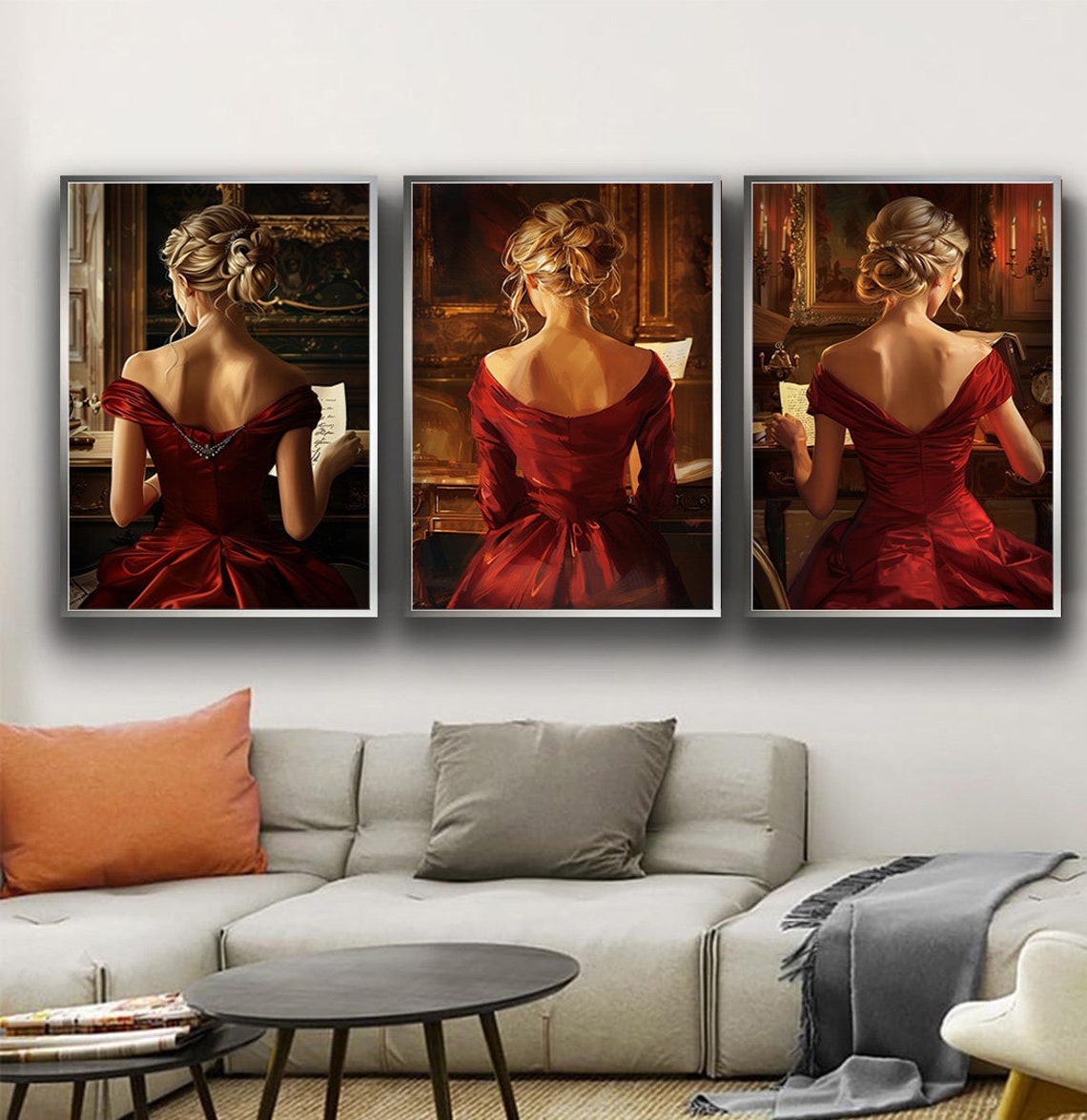 Women In Red Dress Playing Piano Painting Set Blonde Girls In Red Dress Art Red Decor Music Wall Print - Image 3