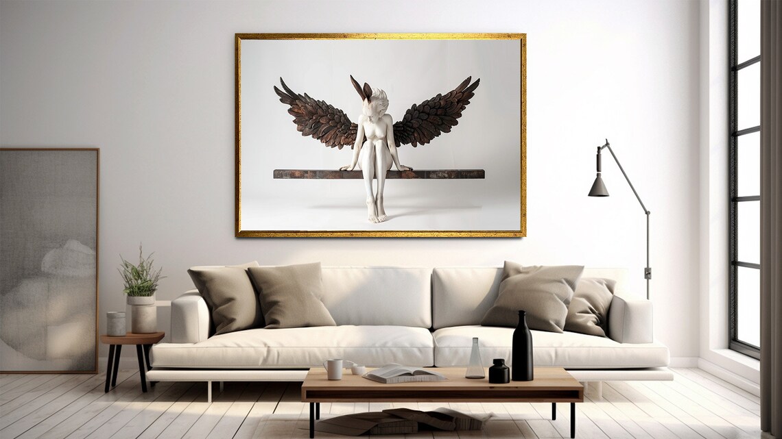 Winged Woman Sculpture with Dark Bronze Feathered Wings Sitting Art Poster - Image 3