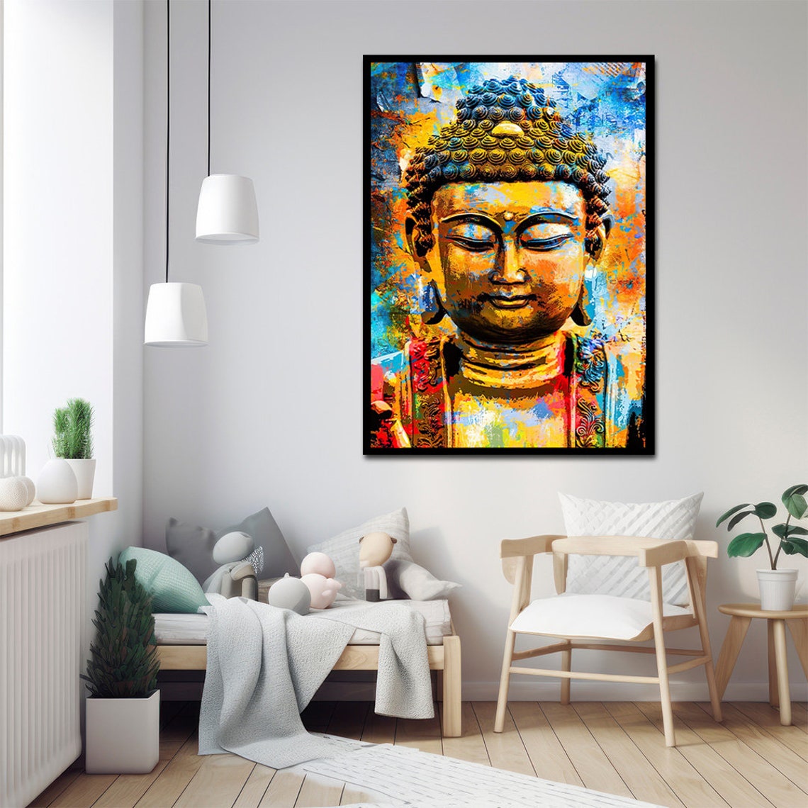 Colorful Abstract Buddha Portrait Meditation Golden Blue Wall Art - Image 2