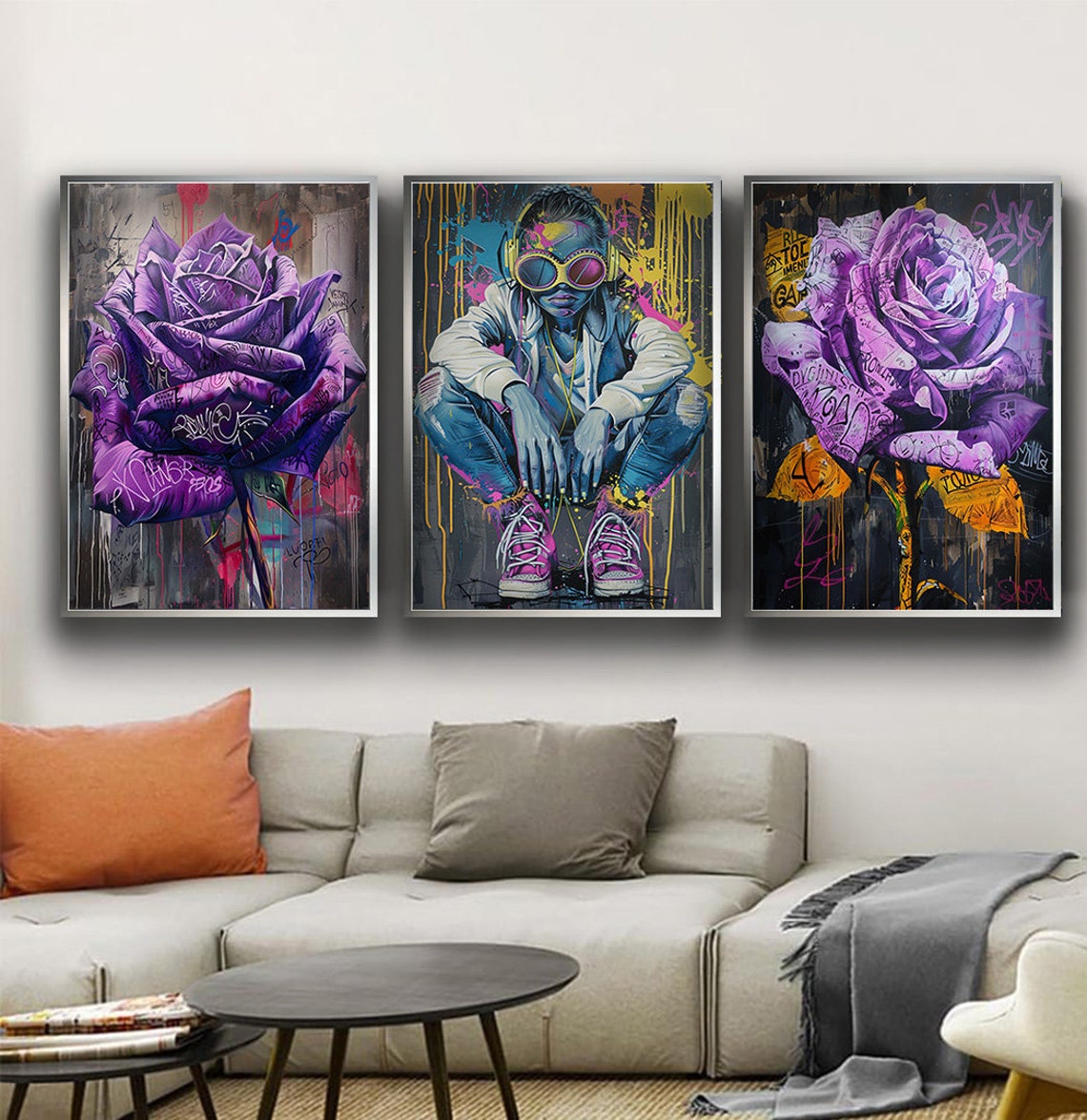 Hip Hop Graffiti Girl Purple Roses 3 Piece Wall Decor Set Poster - Image 3