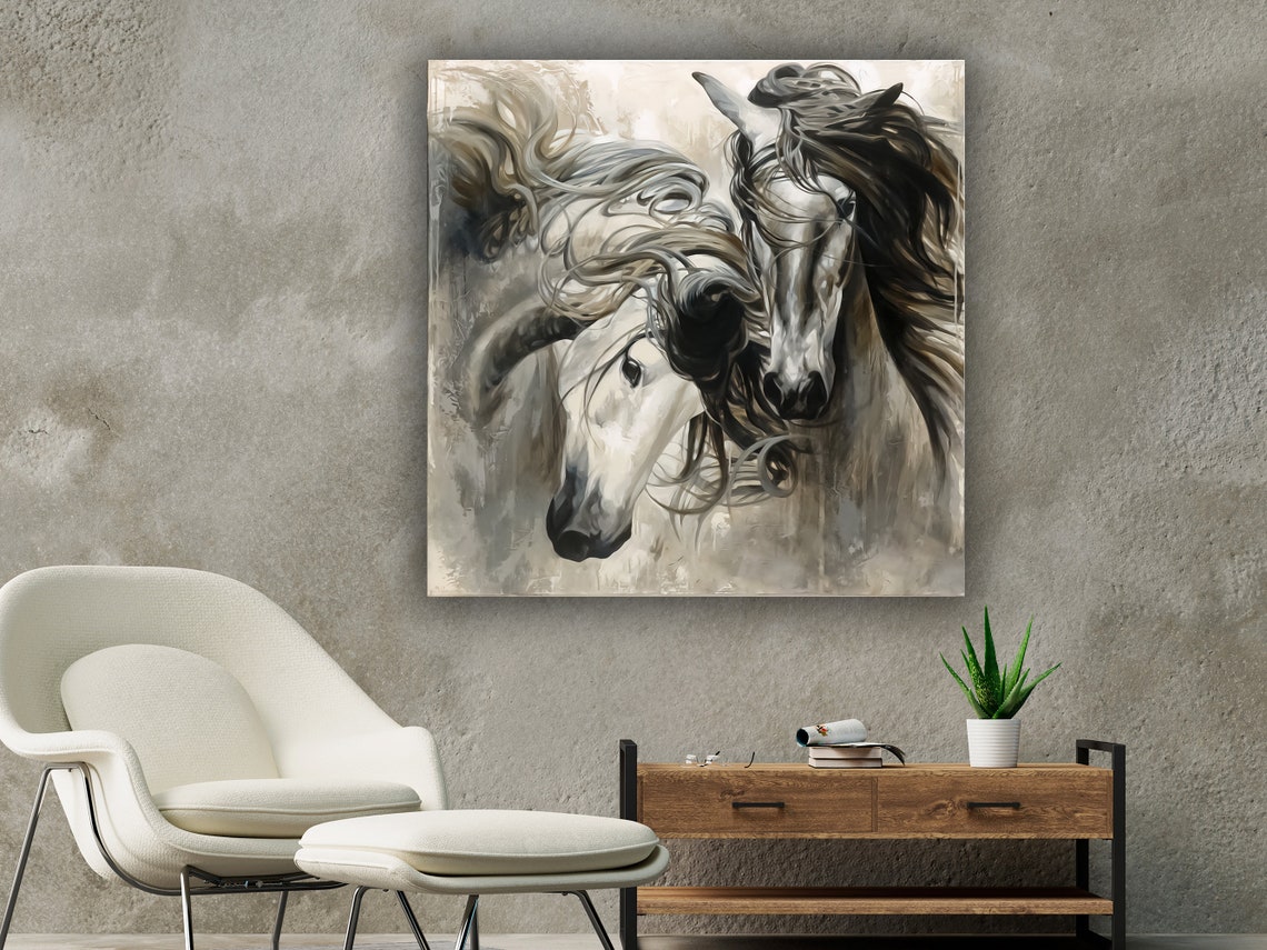 Black And White Horses Flowing Manes Abstract Equestrian Art Poster - Image 2