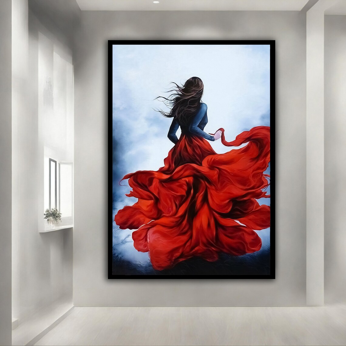 Windblown Red Dress Woman Back View Flowing Fabric Misty Art Print - Image 3