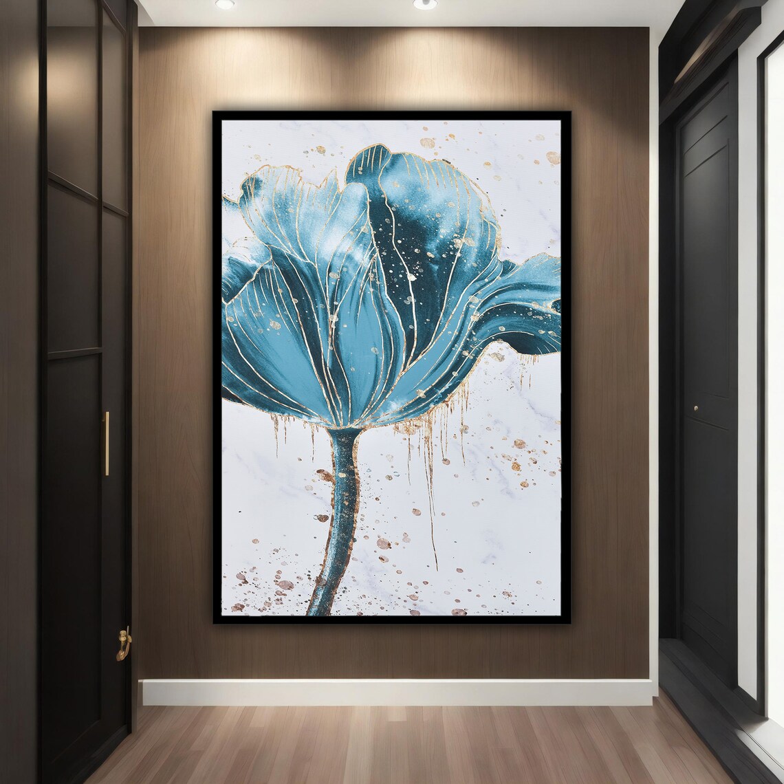 Teal Blue Tulip Gold Splatter Modern Floral Painting Wall Poster