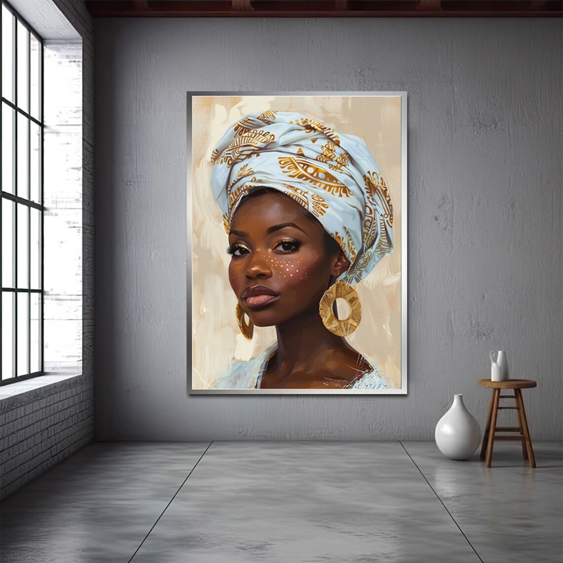 African Woman Portrait Patterned Headwrap Gold Hoops Modern Art Print - Image 2