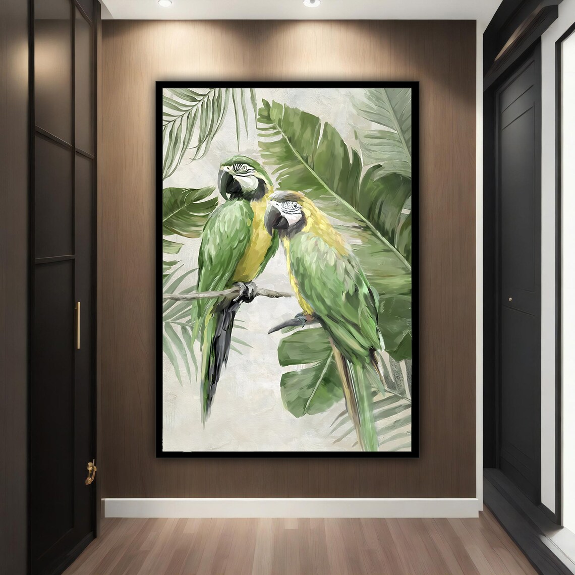 Two Green Parrots Palm Leaves Tropical Birds Painting Wall Poster