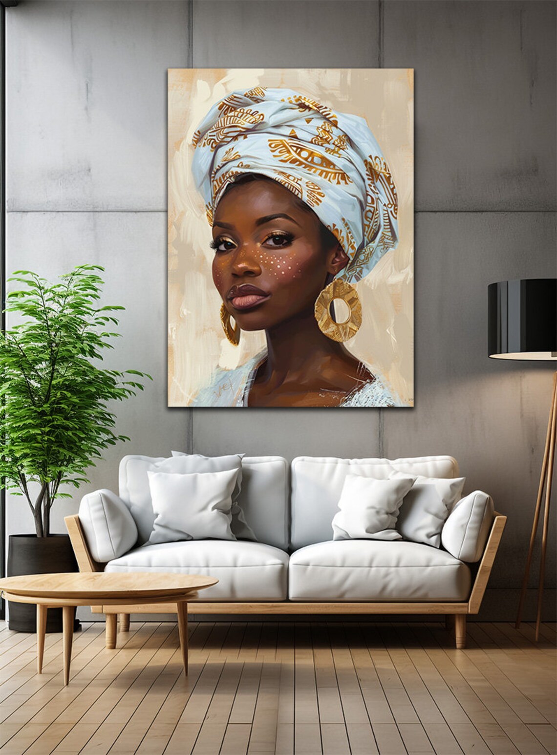 African Woman Portrait Patterned Headwrap Gold Hoops Modern Art Print - Image 3