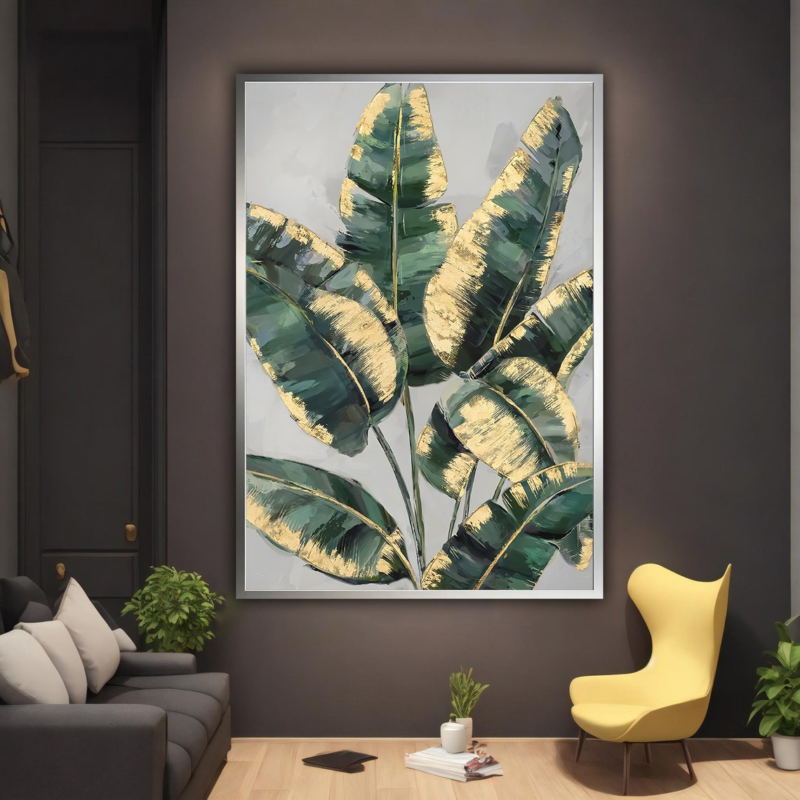 Lush Tropical Banana Leaves Green Gold Modern Botanical Wall Art - Image 2