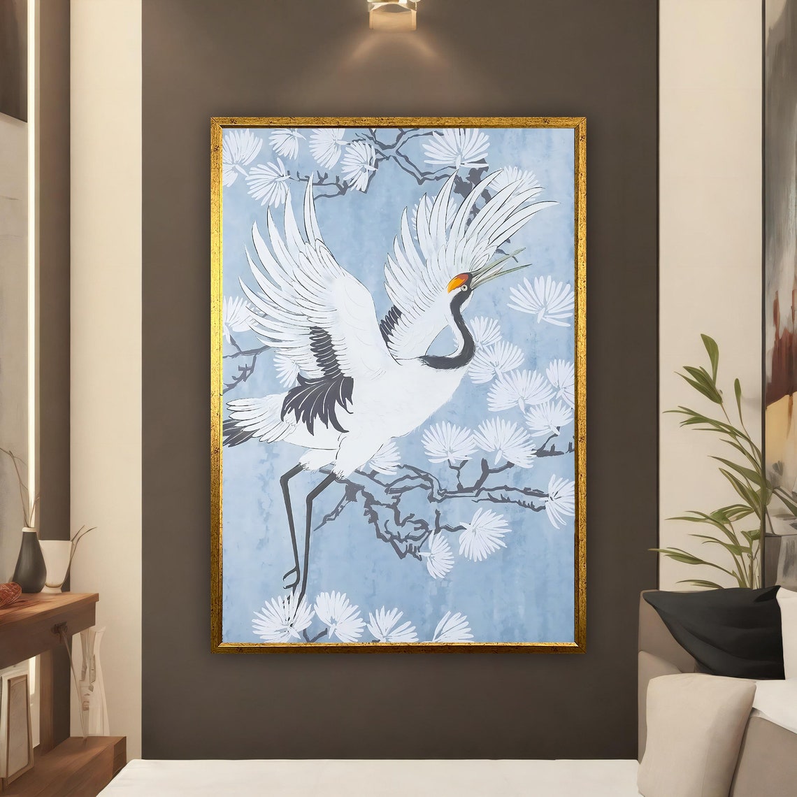 Red Crowned Crane Flying Pine Branches Pale Blue Japanese Bird Print - Image 3