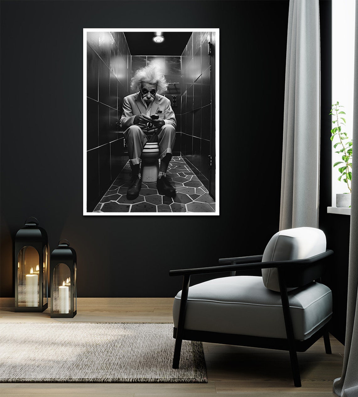 Albert Einstein on Toilet Black and White Funny Bathroom Humor Poster - Image 2