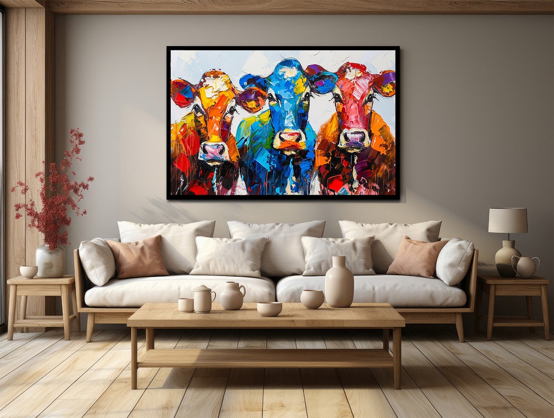 Three Colorful Cows Pop Art Painting Modern Farmhouse Wall Art