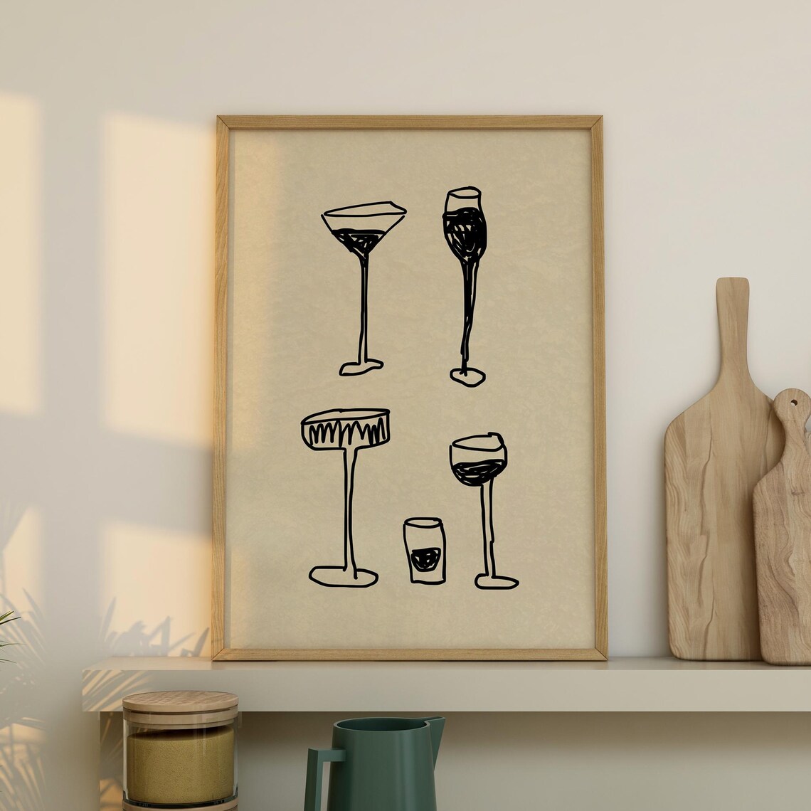 Hand Drawn Bar Cart, Neutral Cocktail Art Poster